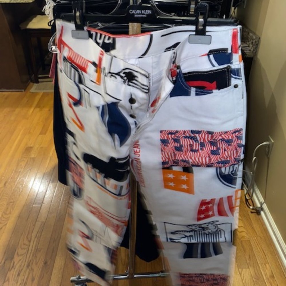 Raf Simons Women's Straight Leg Jeans - White with Red and Blue Graphics